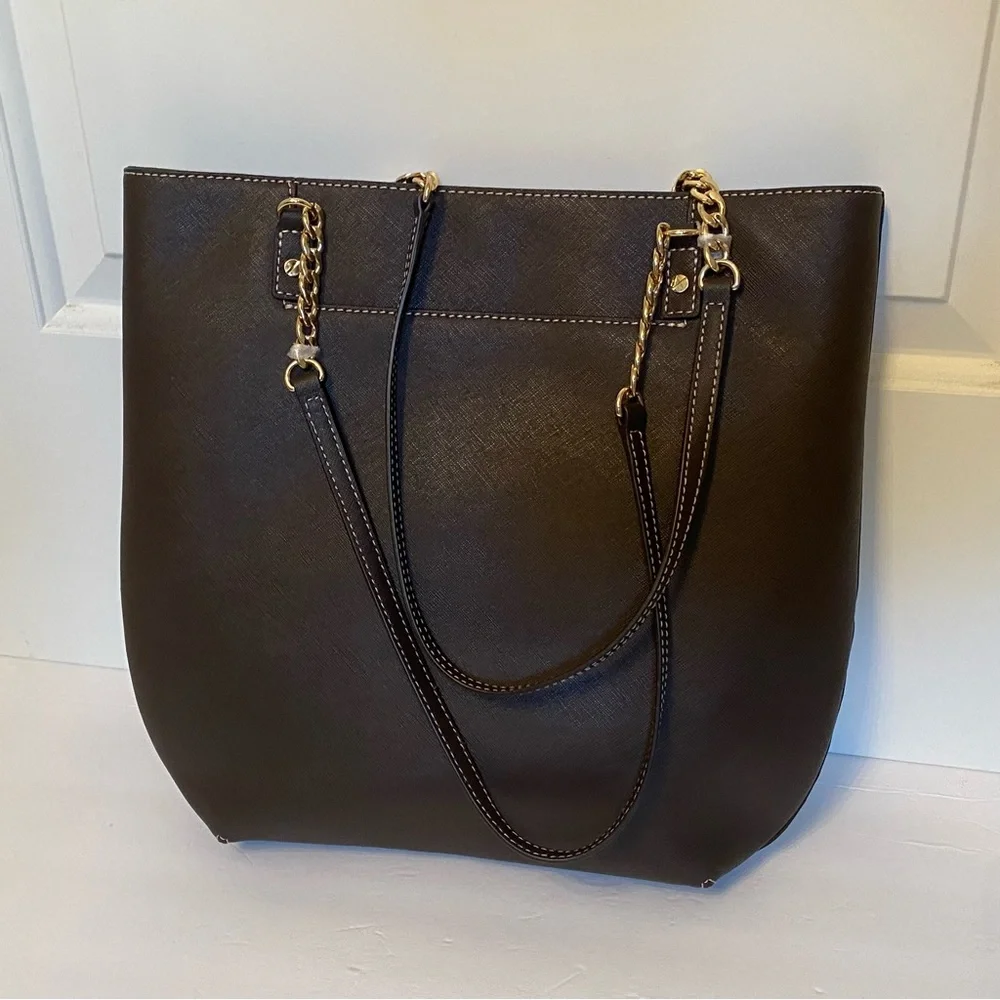 MICHAEL KORS NEW TOTE BAG BROWN SAFFIANO LEATHER JET SET GOLD CHAIN 2 STRAPS NWT - Picture 3 of 13